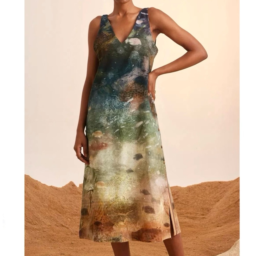 Cord Studio Zen Midi Dress Women’s Size XS Underwater Print Woven Rayon Art Boho